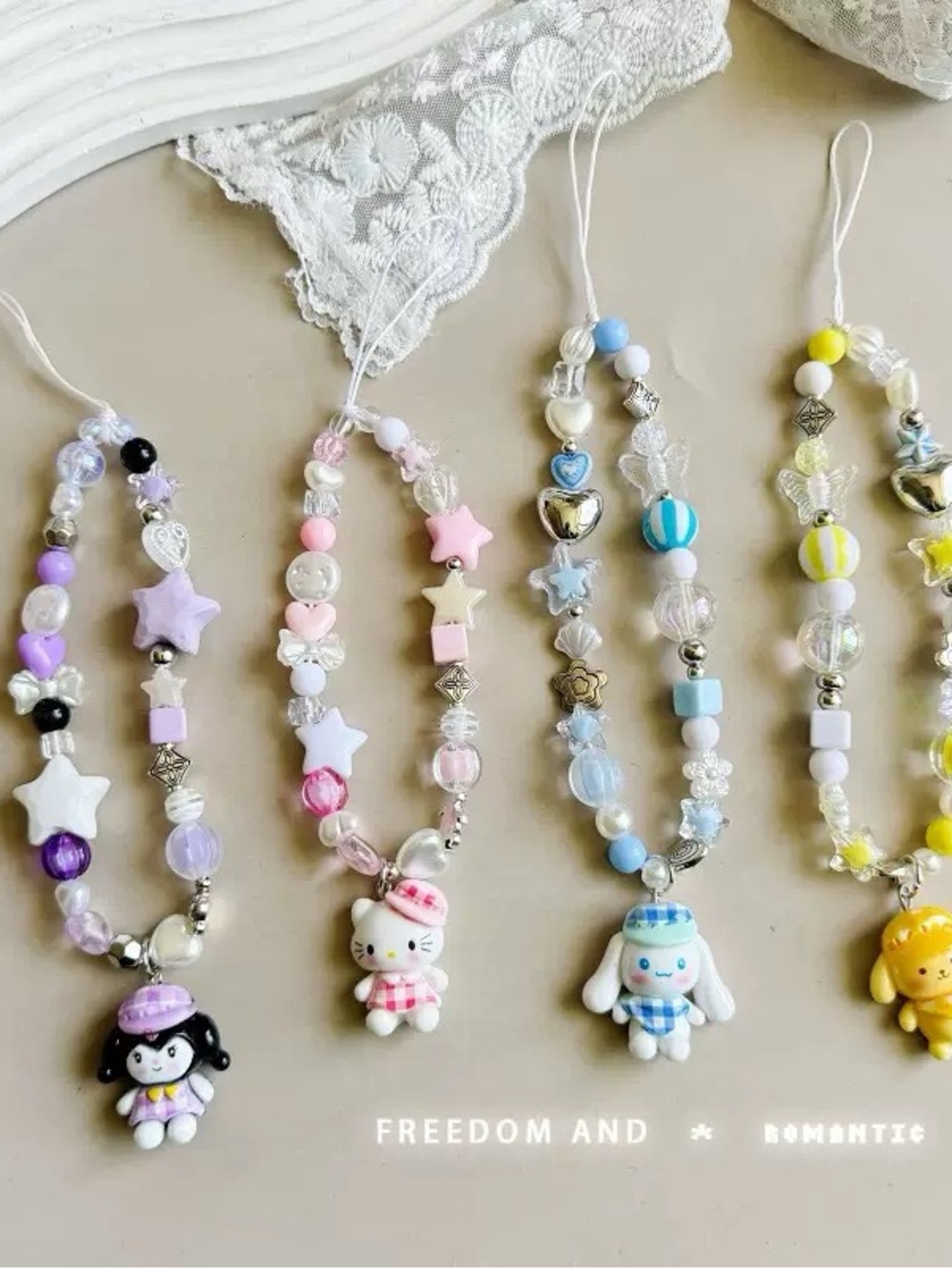 Sanrio Pastel Multi-Color Beaded Phone Charm Case Strap with Character Charms